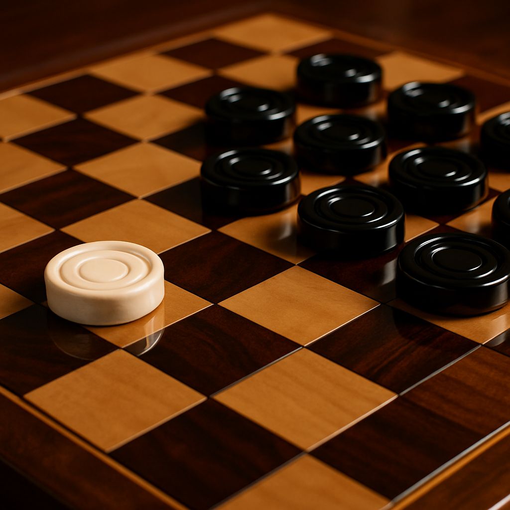 משחק דמקה שחלק אחד לבן נמצא לבד והאחרים השחורים בצד השני